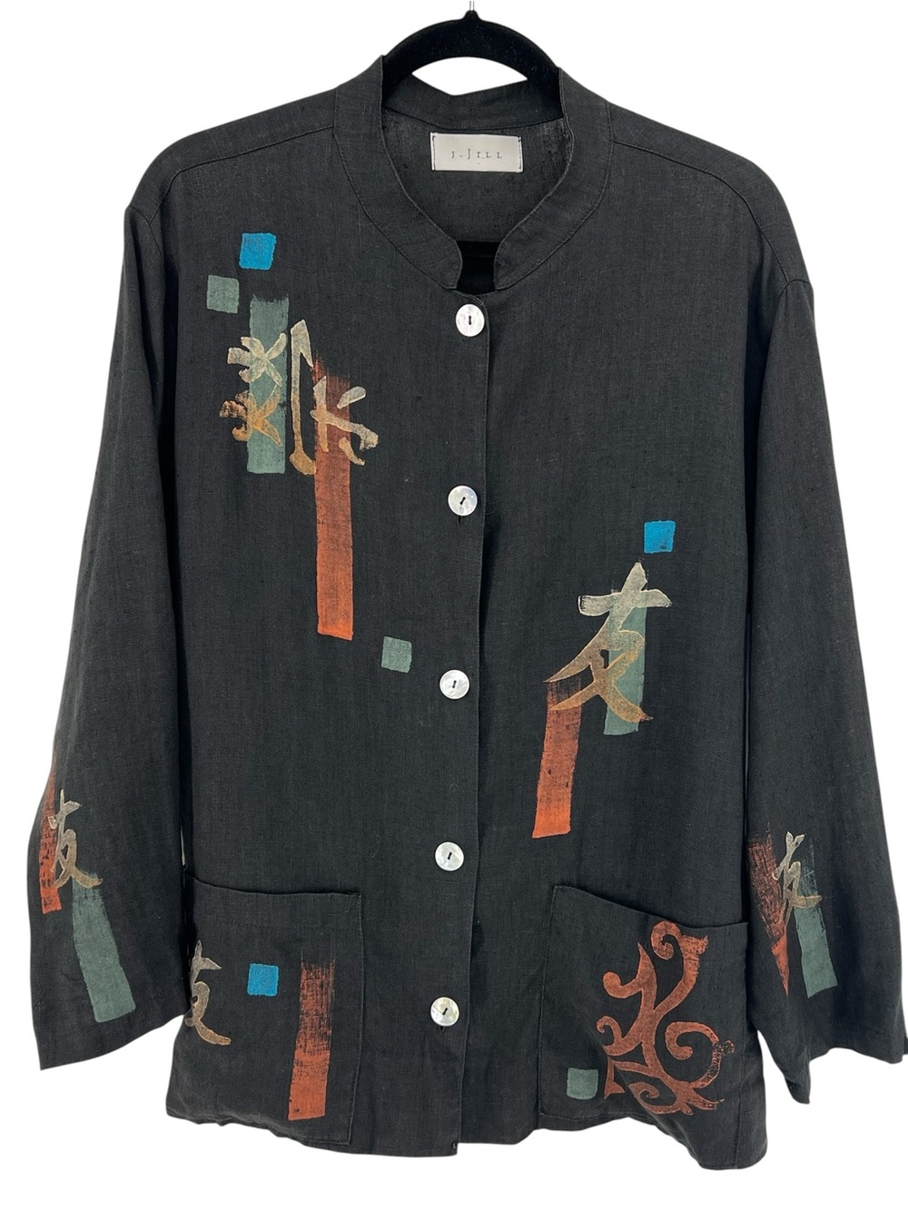 J. Jill black linen Asian Print button-front jacket Sz S art-to-wear Lagenlook